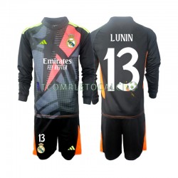 Maglia Real Madrid Andriy Lunin 13 Portiere Divisa Away 2024-2025 Nero Manica Lunga ,Bambino