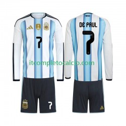 Maglia Argentina Rodrigo De Paul 7 Divisa Home Mondiali 2026 Manica Lunga ,Bambino