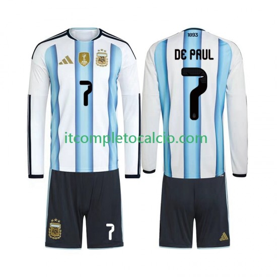 Maglia Argentina Rodrigo De Paul 7 Divisa Home Mondiali 2026 Manica Lunga ,Bambino