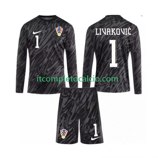 Maglia Croazia DOMINIK LIVAKOVIC 1 Portiere Terza Divisa 2024 Manica Lunga ,Bambino
