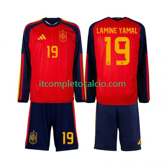 Maglia Spagna Lamine Yamal 19 Divisa Home Mondiali 2026 Manica Lunga ,Bambino