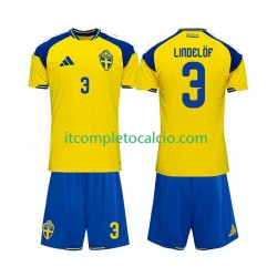 Maglia Svezia Victor Lindelof 3 Divisa Home 2026 Manica Corta ,Bambino
