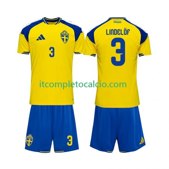 Maglia Svezia Victor Lindelof 3 Divisa Home 2026 Manica Corta ,Bambino