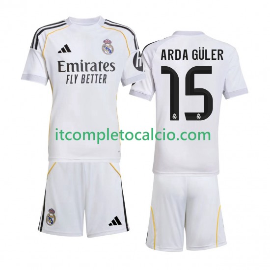 Maglia Real Madrid Arda Guler 15 Divisa Home 2025-2026 Manica Corta ,Bambino