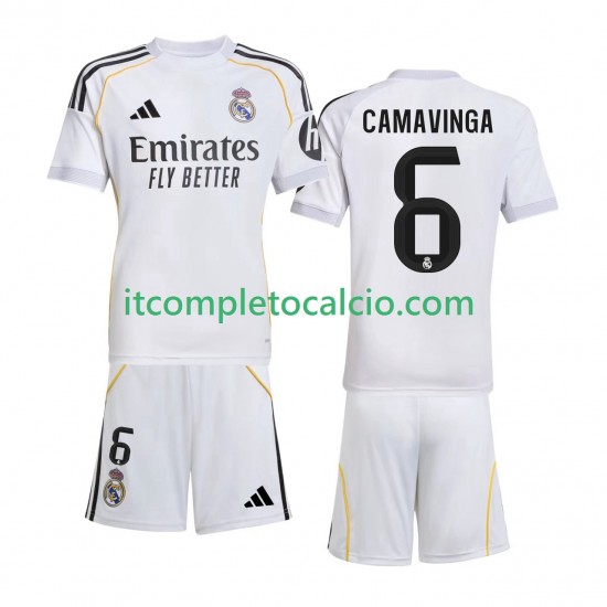 Maglia Real Madrid Camavinga 6 Divisa Home 2025-2026 Manica Corta ,Bambino
