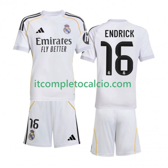 Maglia Real Madrid Endrick 16 Divisa Home 2025-2026 Manica Corta ,Bambino