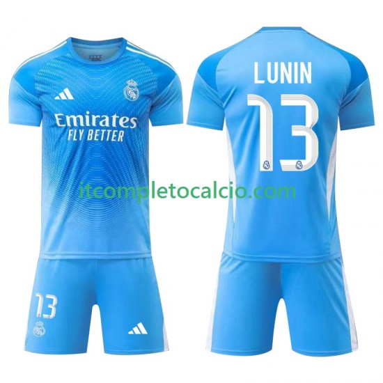 Maglia Real Madrid Andriy Lunin 13 Portiere Divisa Home 2025-2026 Manica Corta ,Bambino