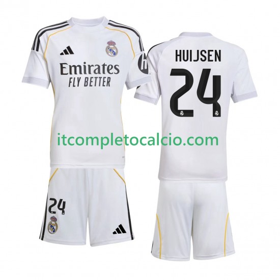 Maglia Real Madrid Huijsen 24 Divisa Home 2025-2026 Manica Corta ,Bambino