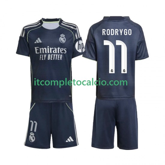 Maglia Real Madrid Rodrygo 11 Divisa Away 2025-2026 Manica Corta ,Bambino