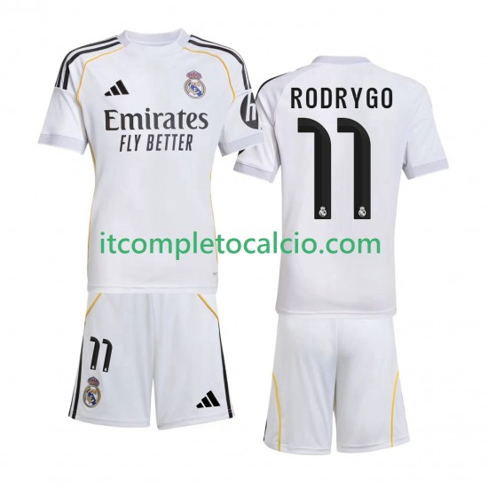 Maglia Real Madrid Rodrygo 11 Divisa Home 2025-2026 Manica Corta ,Bambino