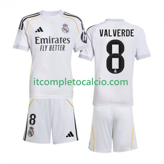 Maglia Real Madrid Valverde 8 Divisa Home 2025-2026 Manica Corta ,Bambino