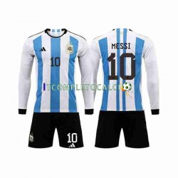 Maglia Argentina 3 Stars Lionel Messi 10 Divisa Home Mondiali 2022 Manica Lunga ,Bambino