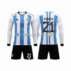 Maglia Argentina 3 Stars Paulo Dybala 21 Divisa Home Mondiali 2022 Manica Lunga ,Bambino