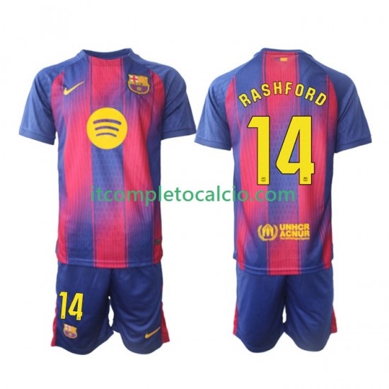 Maglia FC Barcelona Marcus Rashford 14 Divisa Home 2025-2026 Manica Corta ,Bambino