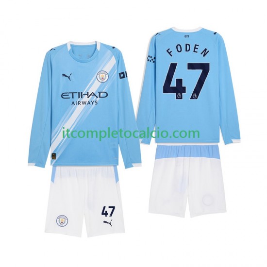 Maglia Manchester City Phil Foden 47 Divisa Home 2025-2026 Manica Lunga ,Bambino