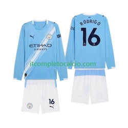 Maglia Manchester City Rodrigo Hernandez 16 Divisa Home 2025-2026 Manica Lunga ,Bambino