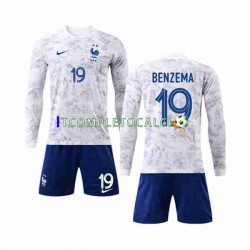 Maglia Francia Benzema 19 Divisa Away Mondiali 2022 Manica Lunga ,Bambino
