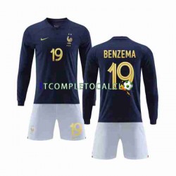 Maglia Francia Benzema 19 Divisa Home Mondiali 2022 Manica Lunga ,Bambino