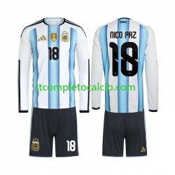 Maglia Argentina Nico Paz 18 Divisa Home Mondiali 2026 Manica Lunga ,Bambino