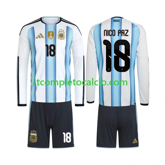 Maglia Argentina Nico Paz 18 Divisa Home Mondiali 2026 Manica Lunga ,Bambino