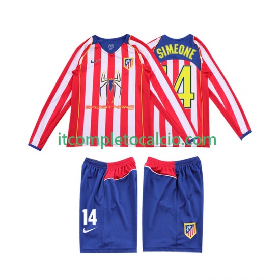 Maglia Atlético Madrid SIMEONE 14 2005 Retro Divisa Home 2004 Manica Lunga ,Bambino