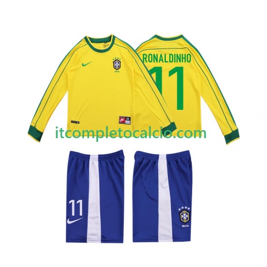 Maglia Brasile RONALDINHO 11 Retro Divisa Home 1998 Manica Lunga ,Bambino