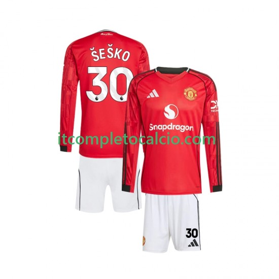 Maglia Manchester United Benjamin Sesko 30 Divisa Home 2025-2026 Manica Lunga ,Bambino