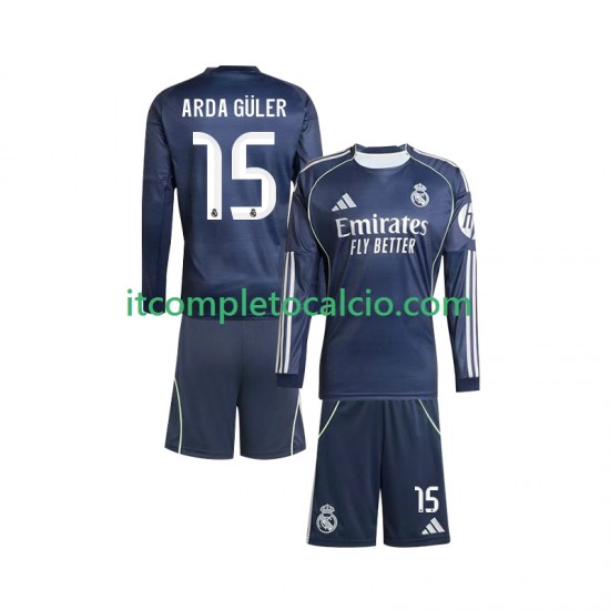 Maglia Real Madrid Arda Guler 15 Divisa Away 2025-2026 Manica Lunga ,Bambino