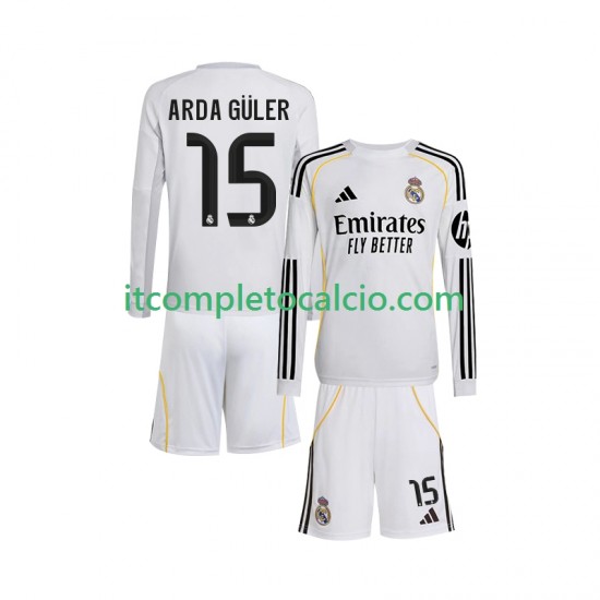 Maglia Real Madrid Arda Guler 15 Divisa Home 2025-2026 Manica Lunga ,Bambino