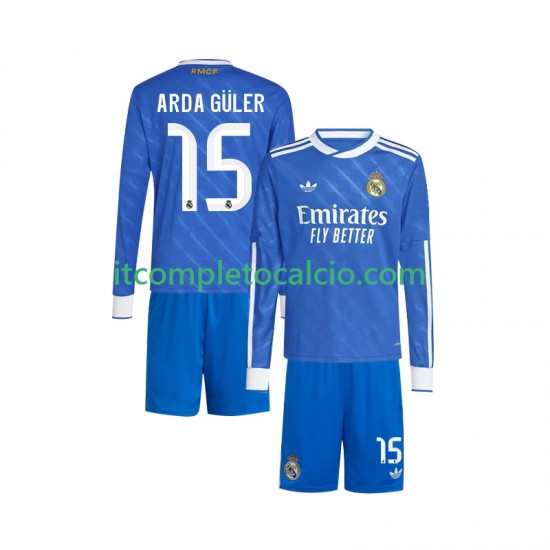 Maglia Real Madrid Arda Guler 15 Terza Divisa 2025-2026 Manica Lunga ,Bambino