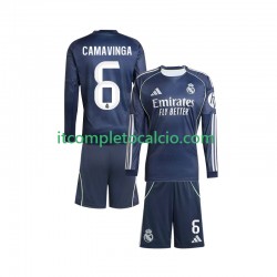 Maglia Real Madrid Camavinga 6 Divisa Away 2025-2026 Manica Lunga ,Bambino