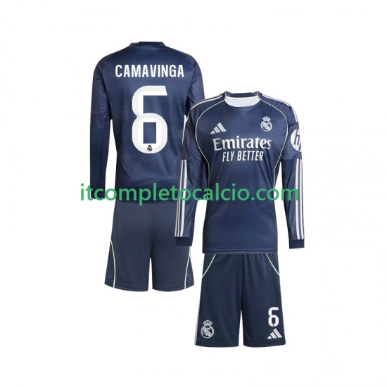 Maglia Real Madrid Camavinga 6 Divisa Away 2025-2026 Manica Lunga ,Bambino
