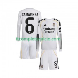 Maglia Real Madrid Camavinga 6 Divisa Home 2025-2026 Manica Lunga ,Bambino