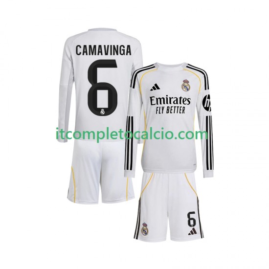 Maglia Real Madrid Camavinga 6 Divisa Home 2025-2026 Manica Lunga ,Bambino