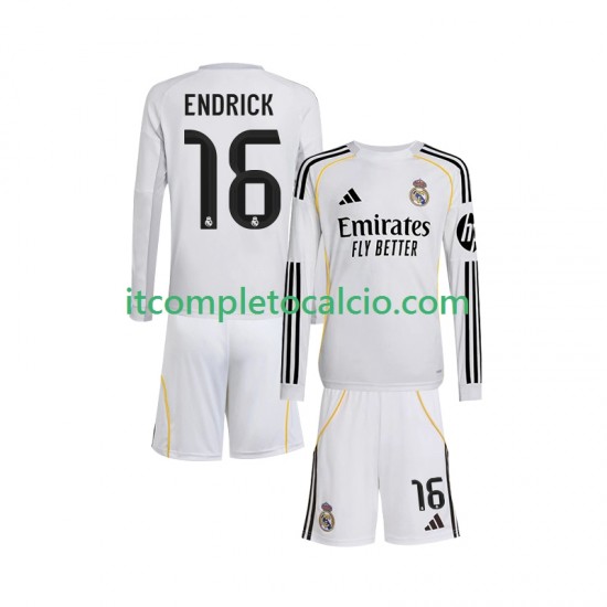 Maglia Real Madrid Endrick 16 Divisa Home 2025-2026 Manica Lunga ,Bambino