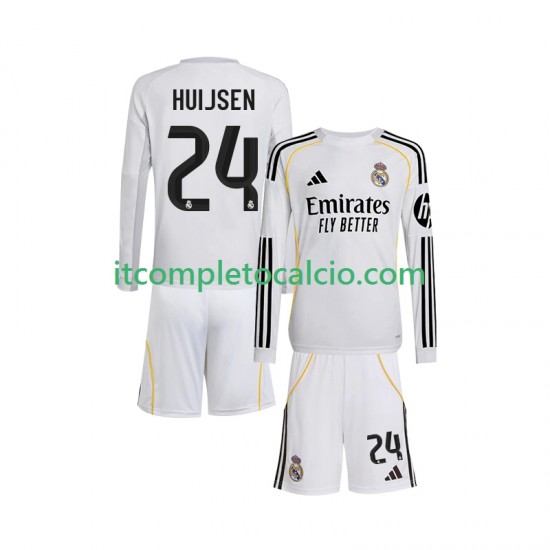 Maglia Real Madrid Huijsen 24 Divisa Home 2025-2026 Manica Lunga ,Bambino