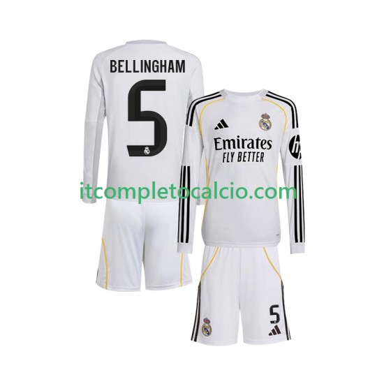 Maglia Real Madrid Jude Bellingham 5 Divisa Home 2025-2026 Manica Lunga ,Bambino