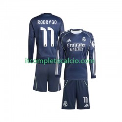 Maglia Real Madrid Rodrygo 11 Divisa Away 2025-2026 Manica Lunga ,Bambino