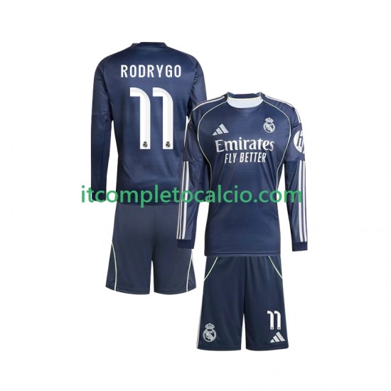 Maglia Real Madrid Rodrygo 11 Divisa Away 2025-2026 Manica Lunga ,Bambino