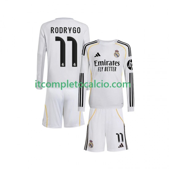 Maglia Real Madrid Rodrygo 11 Divisa Home 2025-2026 Manica Lunga ,Bambino