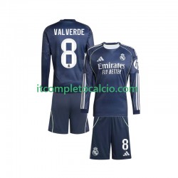 Maglia Real Madrid Valverde 8 Divisa Away 2025-2026 Manica Lunga ,Bambino