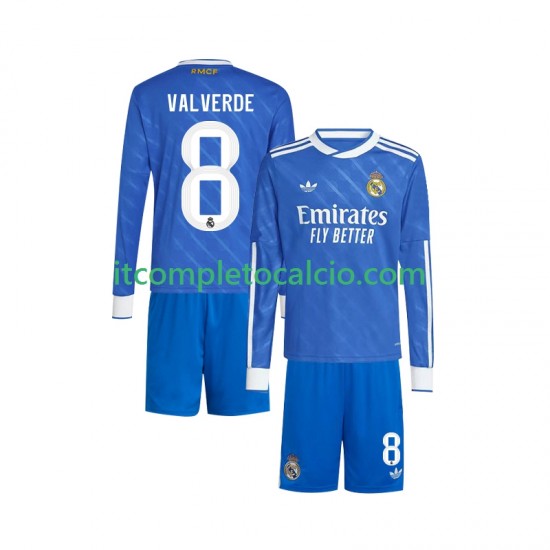 Maglia Real Madrid Valverde 8 Terza Divisa 2025-2026 Manica Lunga ,Bambino