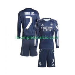 Maglia Real Madrid Vinicius Junior 7 Divisa Away 2025-2026 Manica Lunga ,Bambino