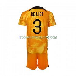 Maglia Paesi Bassi Matthijs de Ligt 3 Divisa Home Mondiali 2022 Manica Corta ,Bambino